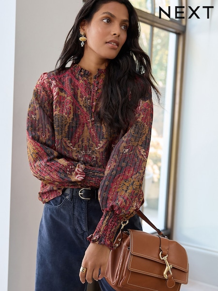 Red Abstract Floral Chenille Ladder Insert Long Sleeve Blouse (F77370) | £32