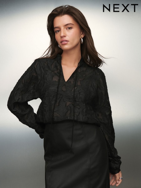 Black Jacquard Long Sleeve Blouse (F77385) | £34