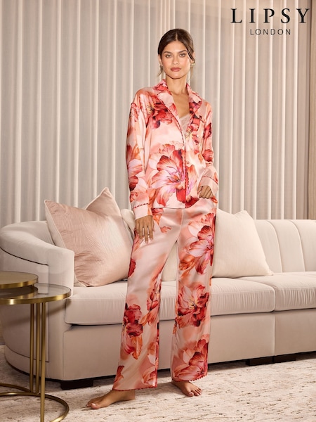 Lipsy Pink Orange Floral Relaxed Long Sleeve Printed Satin Pyjamas Set (F77539) | £45
