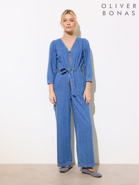 Oliver Bonas Blue Striped Zip Up 100% Cotton Jumpsuit (F77667) | £90