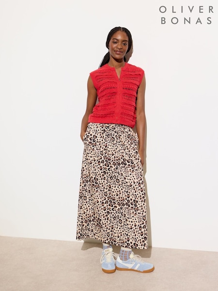 Oliver Bonas Brown Animal Print Tie Waist 100% Cotton Midi Skirt (F77677) | £65