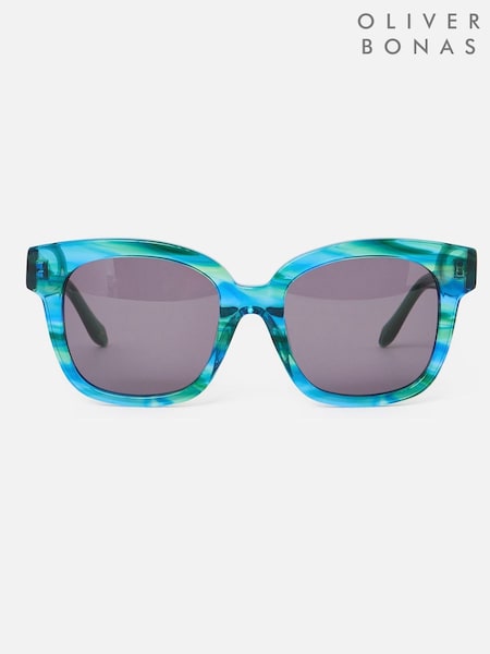 Oliver Bonas Green Marbled Square Acetate Sunglasses (F77706) | £55