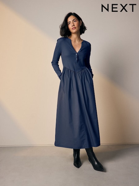 Navy Blue Jersey Woven Mix Waisted Midi Dress (F77851) | £42