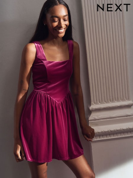 Bright Pink Velvet Square Neck Waisted Mini Dress (F77854) | £38
