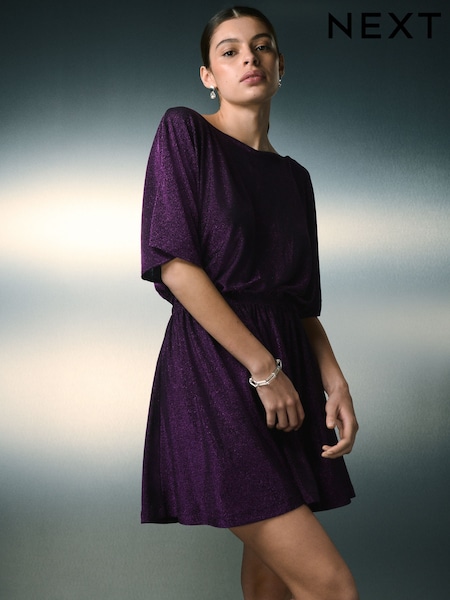 Fuchsia Pink Flutter Sleeve Sparkle Mini Dress (F77856) | £32