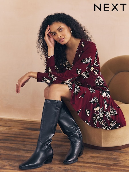 Burgundy Red Floral Print Long Sleeve A-Line Mini Dress (F77899) | £35