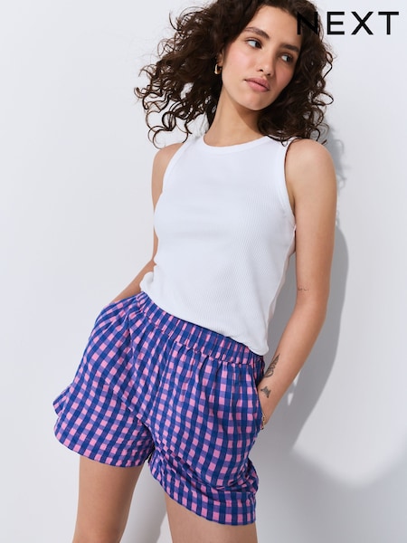 Pink/Blue 100% Cotton Pull On Gingham Shorts (F78034) | £22