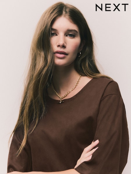 Chocolate Brown Soft Suede Boxy Fitted Heavyweight T-Shirt (F78044) | £28