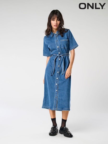 ONLY Blue Short Sleeve Belted Denim Midi Dress (F78057) | £55