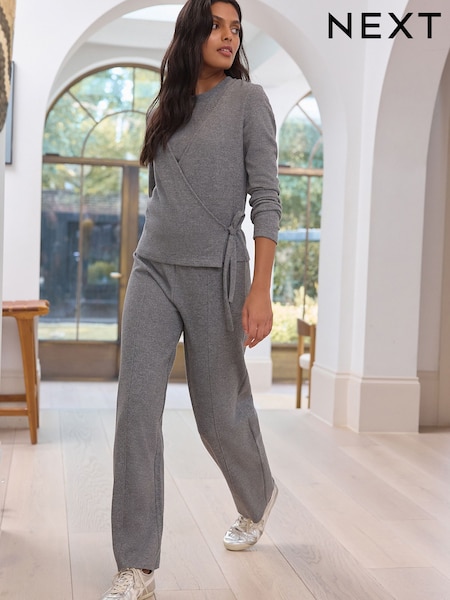 Charcoal Grey Supersoft Cosy Rib Wide Leg Knitted Trousers (F78178) | £30