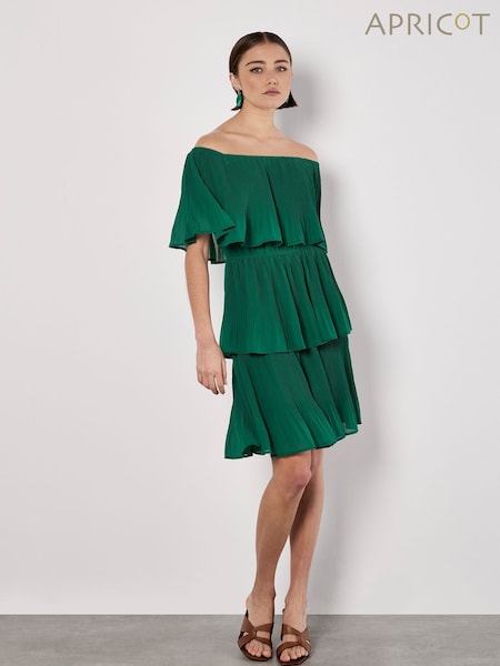 Apricot Green Plisse Layered Bardot Dress (F78307) | £45