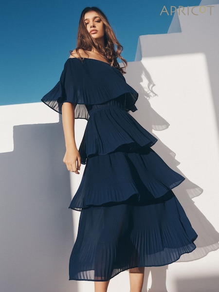 Apricot Blue Summer Plisse Bardot Midi Dress (F78310) | £50