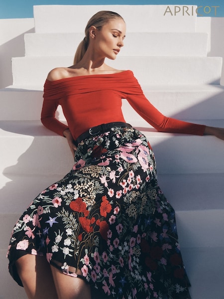 Apricot Black Floral Print Embroidered Midaxi Skirt (F78318) | £75