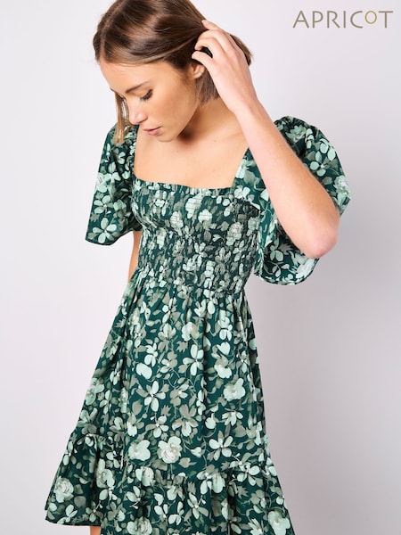 Apricot Green Smocked Floral Print Cotton Poplin Dress (F78333) | £40