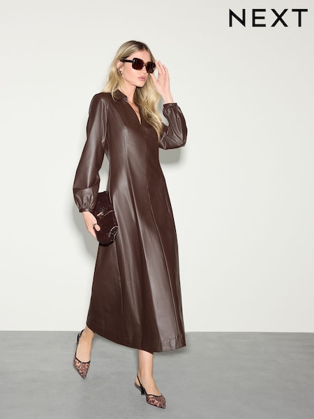 Chocolate Brown Faux Leather Midi Shirt Dress (F78353) | £82