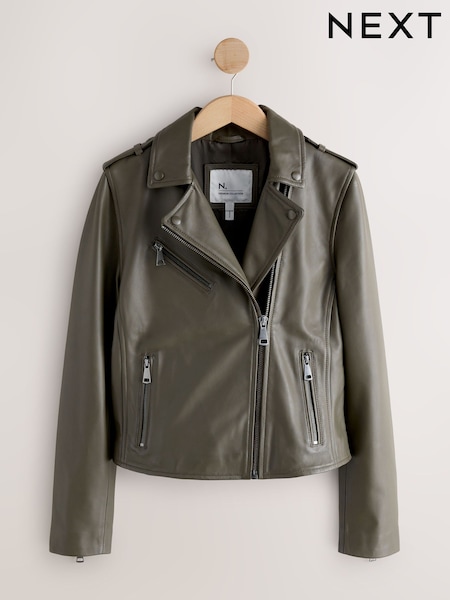 Green N. Premium Real Leather Biker Jacket (F78408) | £195