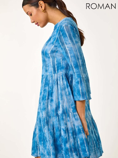 Roman Blue Tie Dye Print Shimmer Smock Dress (F78427) | £48