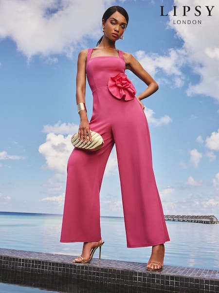Lipsy Pink Halter Neck Floral Print Corsage Jumpsuit (F78552) | £70