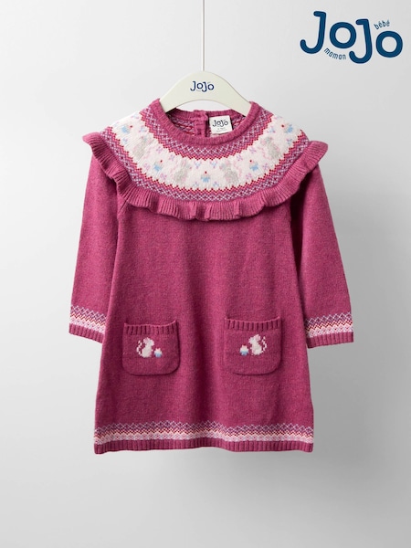 JoJo Maman Bébé Rose Pink Mouse Fairisle Knitted Dress (F78603) | £34 - £40