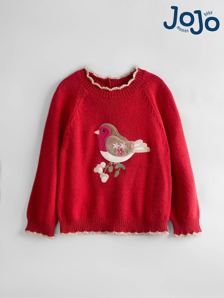 JoJo Maman Bébé Red Robin Christmas Crew Neck Appliqué Jumper (F78609) | £27 - £30