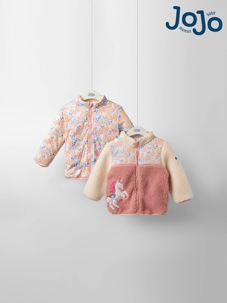 JoJo Maman Bébé Pink Floral Unicorn Fleece Appliqué Reversible Jacket (F78612) | £34 - £40