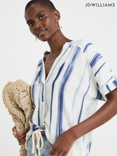 JD Williams Blue Linen Popover Top (F78642) | £30