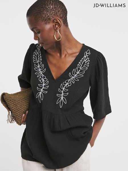 JD Williams Black Embroidered Cheesecloth V-Neck Short Sleeve 100% Cotton Smock Top (F78663) | £36