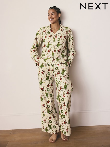 Cream The Grinch Matching Family Christmas Button Through Pyjamas (F78764) | £42