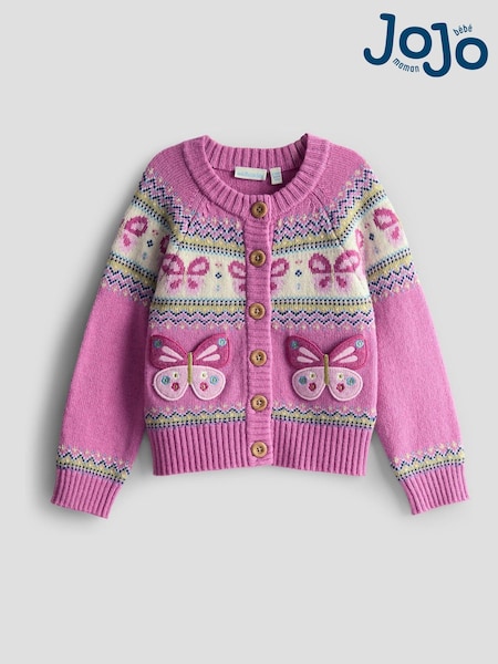 JoJo Maman Bébé Pink Fair Isle Appliqué Pocket Cardigan (F78877) | £30 - £36