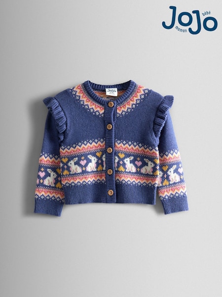 JoJo Maman Bébé Blue Frill Shoulder Fair Isle Cardigan (F78883) | £30 - £36
