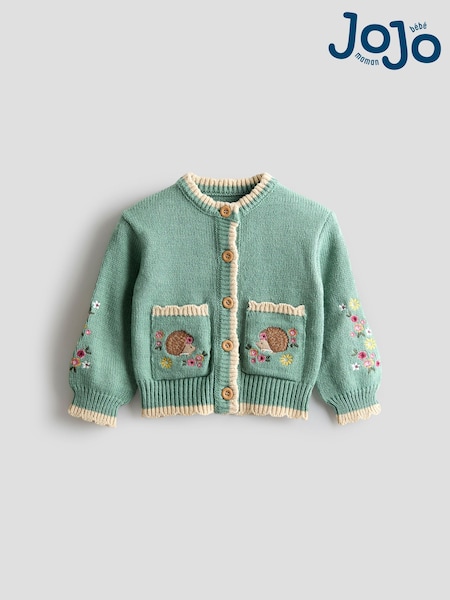 JoJo Maman Bébé Green Scallop Edge Embroidered Pocket Cardigan (F78897) | £30 - £36