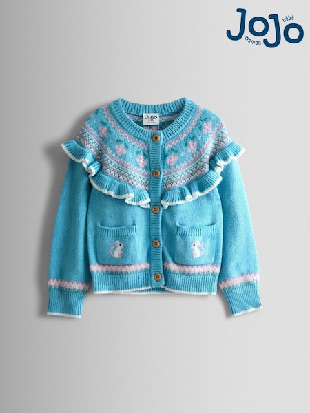 JoJo Maman Bébé Blue Frill Yoke Fair Isle Cardigan (F78899) | £30 - £36