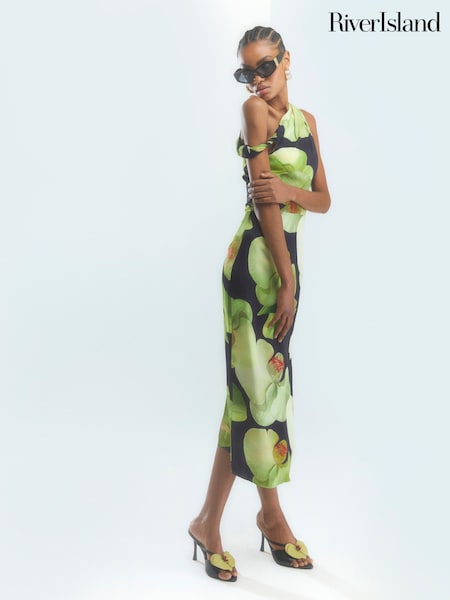 River Island Green Floral Print Twist Front Maxi Dress (F78922) | £90
