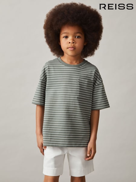 Reiss Sage/White Paudie Cotton Blend Stripe T-Shirt (F78928) | £20