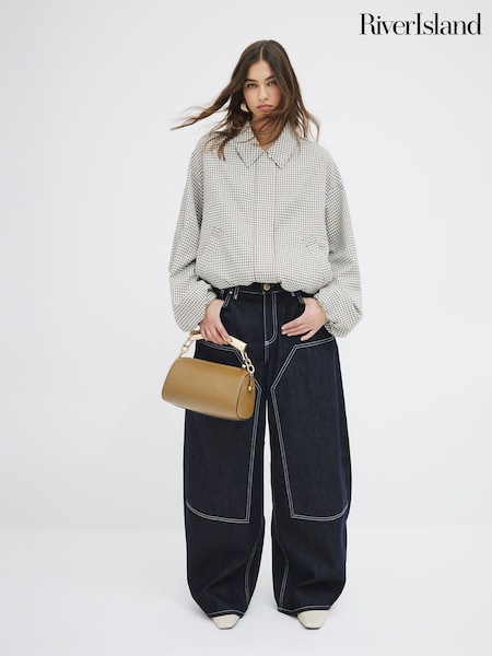 River Island Cream Bubble Hem Check Bomber Jacket (F78949) | £59