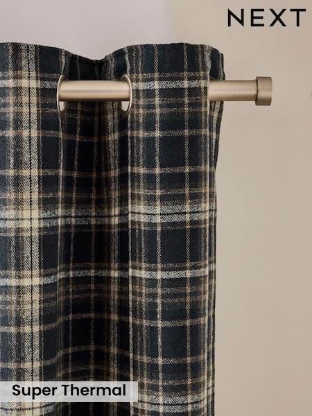 Navy Blue Brushed Check Super Thermal Eyelet Curtains (F78981) | £85 - £180