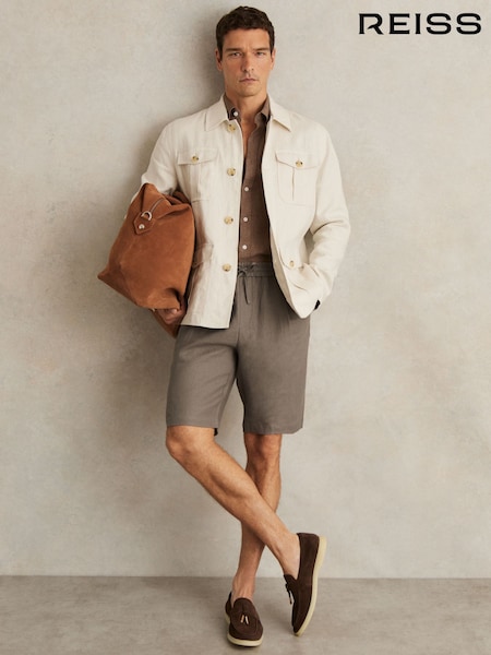 Reiss Mushroom Brown Barges Linen Drawstring Shorts (F78984) | £98