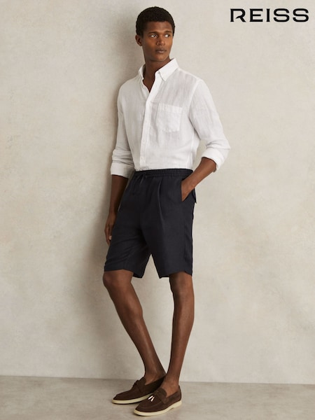 Reiss Navy Barges Linen Drawstring Shorts (F78986) | £98