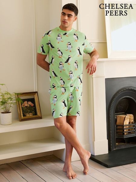 Chelsea Peers Green Cotton Puffin Print Short Pyjamas Set (F79004) | £32