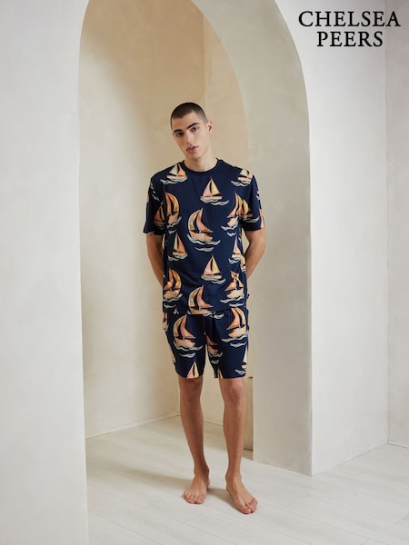Chelsea Peers Blue Sailing Boat Print Short Pyjamas Set (F79028) | £32