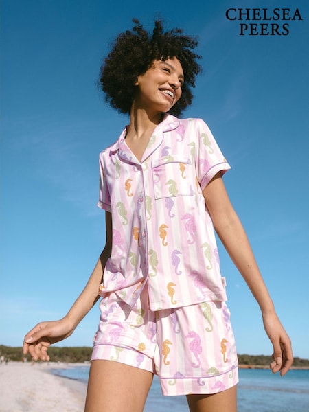 Chelsea Peers Pink Short Pyjamas Seahorse Stripe Print Button Up Short Pyjamas Set (F79030) | £35