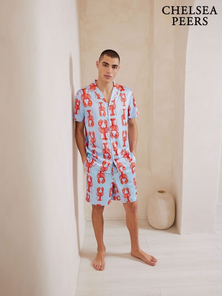 Chelsea Peers Blue Satin Lobster Print Short Pyjamas Set (F79032) | £75