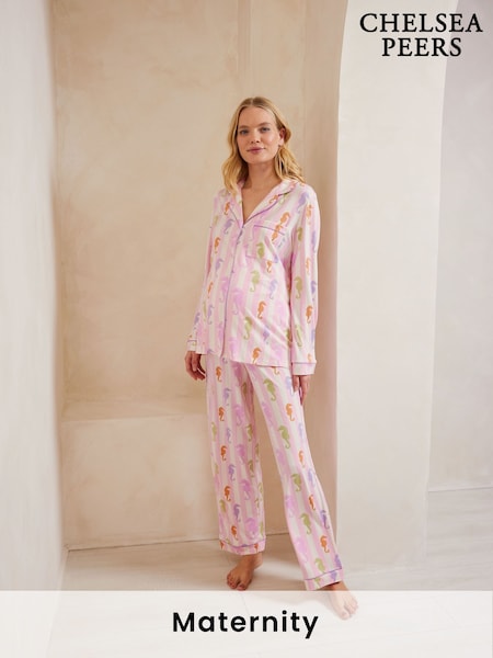 Chelsea Peers Pink Maternity Seahorse Stripe Print Button Up Short Pyjamas Set (F79035) | £45