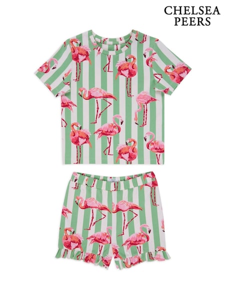 Chelsea Peers Green Kids Organic Cotton Flamingo Stripe Short Pyjamas Set (F79041) | £30
