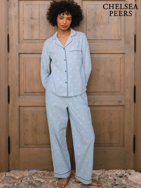 Chelsea Peers Pink Seersucker Cotton Starfish Stripe Print Long Pyjamas Set (F79047) | £58
