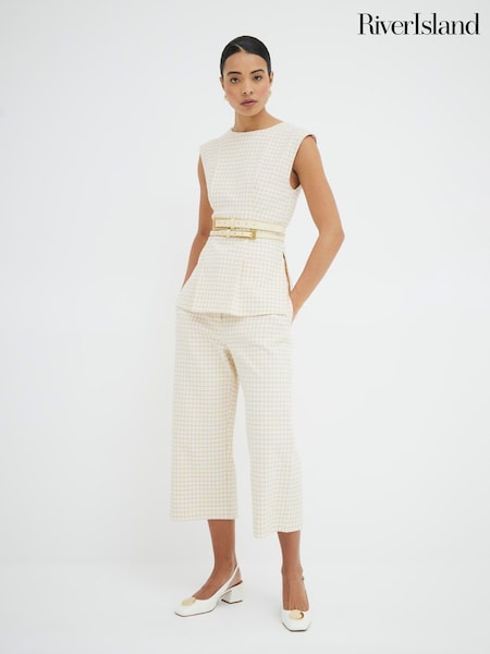 River Island Cream Pattern Wide Leg Pleated Crop Trousers (F79095) | £39