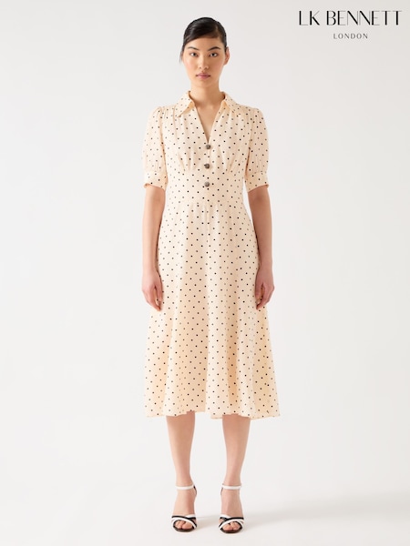 LK Bennett Cream Sophie Birch Viscose Blend 30'S Polka Dot Print Collared Dress (F79099) | £399