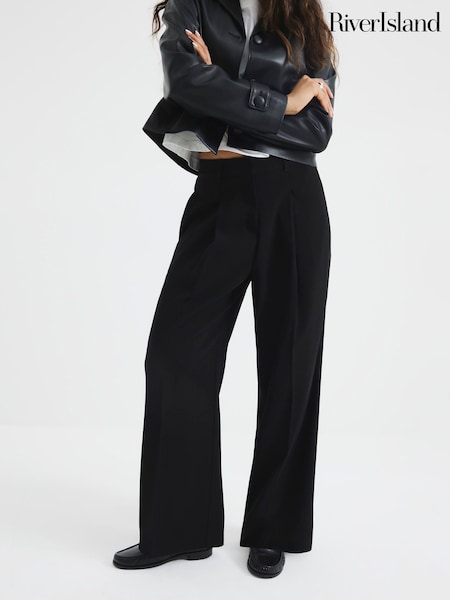 River Island Black Petite Petite Wide Leg Trousers (F79107) | £39