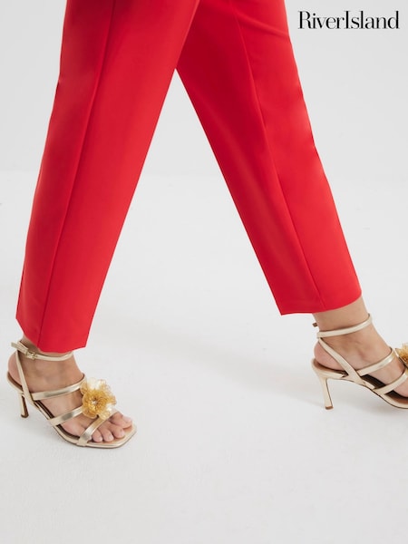 River Island Gold Floral Trim Heeled Strappy Sandals (F79109) | £44