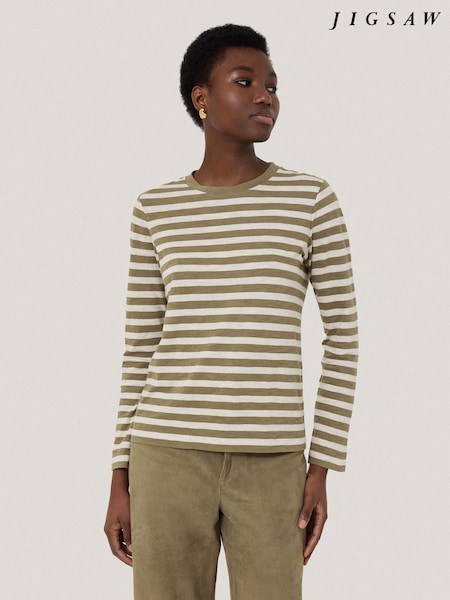 Jigsaw Green Stripe Long Sleeve 100% Cotton T-Shirt (F79165) | £45
